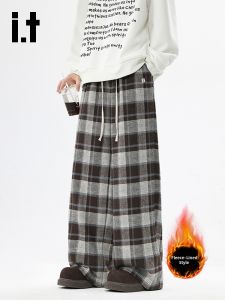 Plaid Wide Leg Woolen Casual Pants