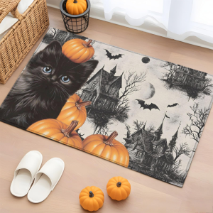 VIKAMA Halloween Black Cat Haunted House Pumpkin Bat Doormat Non Slip Vintage Sketch Washable Front Entrance Holiday Floor Mat