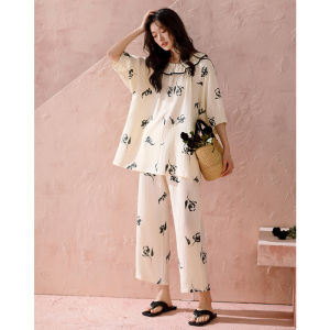 Spring Summer Cotton Women Sleepwear Loose Sweet Look Collar Three Quarter Sleeve Pants