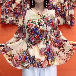 Plus Size Floral High-end Printed Ice Silk Blouses for Women 2023 Summer New Fashion Loose Bottomed Shirt