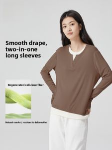 miiow | Cat Person Knitted Round Neck T-Shirt Womens Large Size Fake Two-Piece Base Layer Outerwear Spring Autumn Solid Color Top