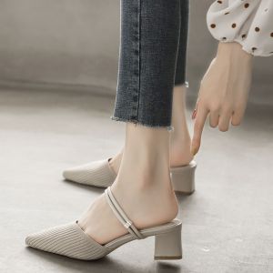 Womens Fashionable Pointed Toe Slippers Summer New Style Two-Way Wear Outdoor High Heel Sandals Comfortable Breathable Slip-On