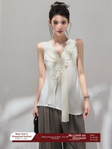 THROUS | Áo Thun Nữ Hè Ôm Sát V-Neck 3D Hoa Cầu Vồng Không Tay
