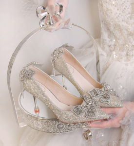 French Silver Bride Shoes for Women Elegant Princess Wedding Crystal Shoes with Butterfly Knot and High Heels Fine Tie Design