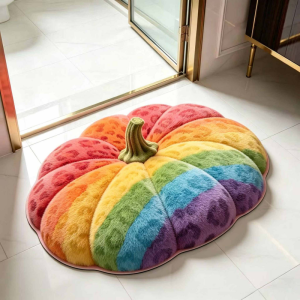 VIKAMA Halloween Rainbow Pumpkin Doormat Plush Shaped Non-Slip Entryway Floor Mat Festival Home Decor
