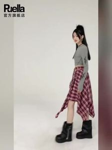 puella | Korean Style Fashion Retro Checkered High Waist Tie Detail Irregular Skirt
