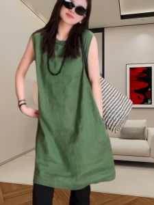 ชุดเดรสยาวคลุมเข่าแขนกุดคอตั้งสีพื้นหรูหรา ทรงหลวม สไตล์ลำลอง สำหรับผู้หญิงวัย 35-39 ปี ฤดูร้อน 2024