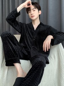 Mens Velour Sleepwear Long Sleeve Black Simple High-End Feeling Autumn Winter Home Clothes Set Button Decoration Long Pants