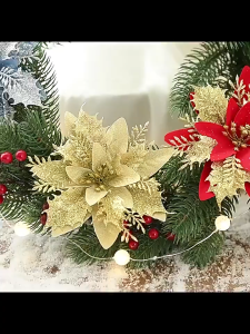 5Pcs/10Pcs Poinsettia Glitter Gold Red Christmas Flowers With Sticks For Decor Fake Flowers Xmas