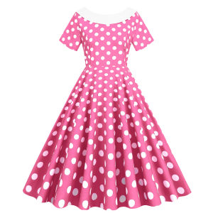 Summer New Womens Hepburn Style Doll Collar Butterfly Knot Polka Dot Retro Slim Fit Party Dress Polyester Fiber Midi Skirt