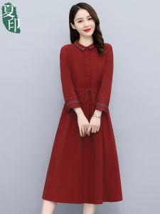 Pure Cotton Womens Dress Spring Autumn 2025 New Style Waist Cinching Elegant Mom High End Retro Embroidered Turn Collar Skirt