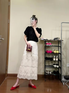 Lace A-Line Midi Skirt Womens Summer New High Waist Elegant Half Skirt Versatile Wrap around Skirt Peach White Color