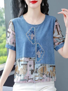 WANGGONGZHU | Casual Loose Denim Splice Shirts Women Summer New Style Short Sleeve T-shirts Fashionable Casual Cover Belly Small Shirt