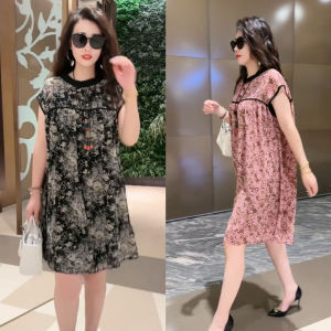 High-End Dress Womens Summer Short-Sleeved Floral Loose Middle-Aged Mom Fashionable All-Match Beautiful Casual Mid-Length Gauze Skirt