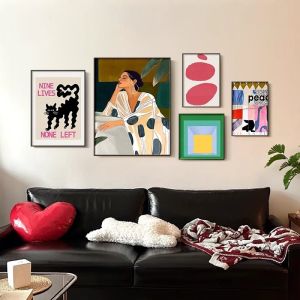 ภาพตกแต่งห้องนั่งเล่นสไตล์ยุโรปเหนือ ภาพฝังผ้าลายเรขาคณิต ภาพพื้นหลังโซฟา ภาพวาดผสมหลายภาพ ภาพวาดอิสระ