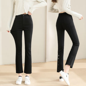 High Waist Slim Fit Straight Leg Black Pants for Women Thin Multi-Buckle Design Nine-Tenths Length Fashionable Spring Autumn