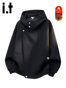 izzue | Irregular Black Hooded Thickened Mens Sweatshirt