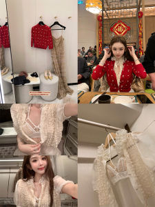 เสื้อคาร์ดิแกนถักลายลูกไม้แขนยาวผู้หญิง DOGGYQIN ชุดสามชิ้น ฤดูใบไม้ผลิ 2025 ชุดทำงานผู้หญิง เสื้อผ้าทำงาน