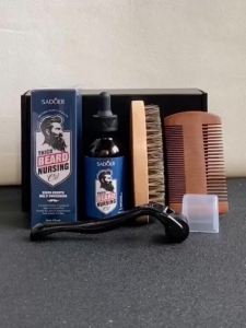 SADOER | SADOER 55ml Mens Facial Beard Growth Oil Set Beard Brush Comb Beard Roller nourishes for a thick soft and smooth beard