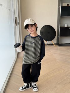 Boys Stripe Long Sleeve T-Shirt Spring Autumn Cotton Underwear Shirt Pure Cotton Casual Loose Fit round Neck Sweatshirt