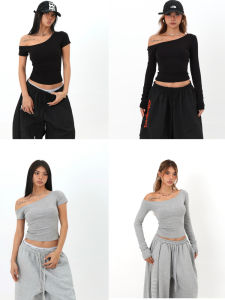 Áo Thun Nữ Dáng Ôm Dài Tay Màu Trơn Hở Vai Jazz Đa Năng Ngắn Gợi Cảm Mùa Hè Thường Ngày Cổ Đứng Tay Dài