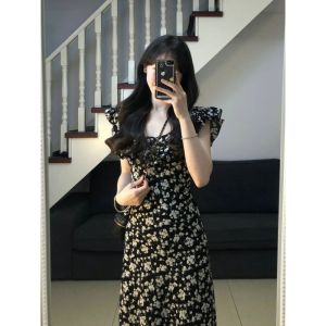 French Tea Break Black Floral Print Strapless Mini Dress Women Summer Hepburn Elegant Long Skirt Street Style Knitted Shirts
