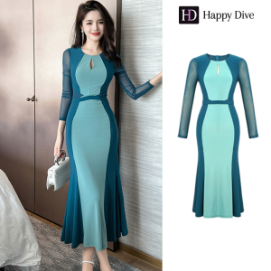 Happy Diva เดรสผู้หญิง เดรสสีฟ้า สีน้ำตาล เดรสแขนยาว เดรสหางปลา เดรสไฮโซ เดรสออกงาน เดรสไปงานแต่ง เดรสฝรั่งเศส 20735