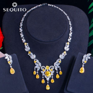 SEQUITO Noble White AAAAA Cubic Zirconia Pave Setting Sliver Plated Yellow Crystal Water Drop Tassel Pendant Necklace Earrings Women Luxury Wedding Jewelry Set for Banquet Party SJ270