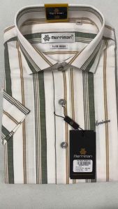 MERRIMAN SALE - Áo Sơ Mi MERRIMAN Tay Ngắn Màu Trắng - Xanh Lá Họa Tiết Sọc Dọc Form Slim Lai Bầu