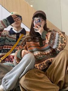 Couples Knitted Sweater Loose Fit V-Neck Long Sleeve Plant Floral Embroidery Trendy Autumn Winter Outerwear for Men And Women