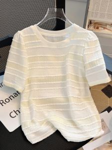 Yao Kexin Thương Hiệu Nữ Mùa Hè Rời Áo Thun Nữ Tay Ngắn Sọc Cổ Tròn Chui Đầu Tay Lửng Giấu Mỡ Cơ Thể Thiết Kế Độc Đáo Cho Bé Gái Nhỏ