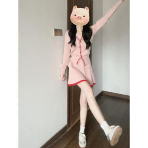 CHANGTONG | Chic Pink Tweed Knit Cardigan Skirt Two-piece Set