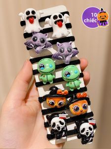 Bộ 10 Dây Buộc Tóc Halloween Cho Bé Gái Nhiều Màu Chất Liệu Polyester Kiểu Dáng Dễ Thương Hình Ma Dơi Bí Ngô Phụ Kiện Thời Trang