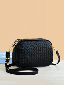 Large Capacity Womens Crossbody Bag Pure Color Casual Fashion Woven Pattern Single Shoulder Bag Soft PU Leather Handbag
