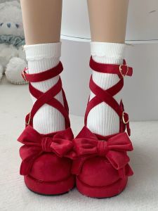 ตุ๊กตาหน้าต่าง หมี ขนมปังปิ้ง รองเท้าส้นหนา โลลิต้า ปมผีเสื้อ หัวกลม สไตล์ญี่ปุ่น ทันสมัย หวาน ปิดกาว ฤดูใบไม้ผลิ วัสดุกํามะหยี่ฤดูกาล