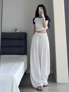 Quần Ống Rộng Bằng Lụa Băng Mỏng Cạp Cao Màu Trắng Dài Mùa Hè Cho Nữ Quần Dài Thường Ngày Thoải Mái Thoáng Khí Chống Nắng