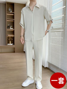 Ice Silk Mens Shirt Casual Style Summer Breathable Lightweight Polyester Fashion Urban Youth Trendy Design Five-Quarter Sleeve