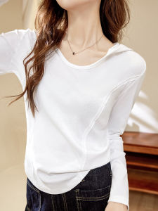 Ladies Long Sleeve Cotton T-Shirt U-Neck Loose Fit Spring Autumn New Style Base Layer Shirt Hooded Inner Wear Top