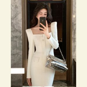 SHANGSHA | Elegant Important Occasion Rich Sense Little Lady Style White Square Neck Waist-Cinching Dress