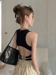 เสื้อกั๊กแขนกุดคอตั้งแบบมีสายรัดสำหรับผู้หญิง เสื้อชั้นในแบบมีแผ่นเสริมหน้าอก ดีไซน์หลังสวย เสื้อชั้นในแบบใส่ด้านนอก สไตล์อเมริกัน