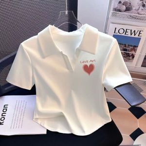 LINGLONGDAI | Áo thun tay ngắn cổ polo cotton nguyên chất màu trắng cho nữ mùa hè 2023 phong cách công sở thường ngày in họa tiết áo thun ngắn