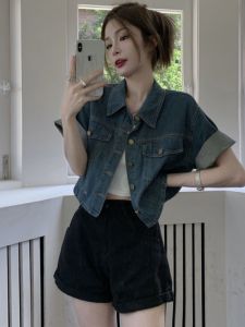 Retro Short Sleeve Denim Jacket Womens Summer Thin Loose Large Size Top Breathable Casual Style Commute POLO Collar Single Button