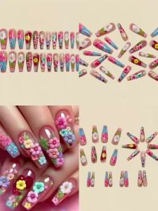 Short Medium long fake nails for women girls colorful flowers feather design Ballet square nail tips press on false nail art set