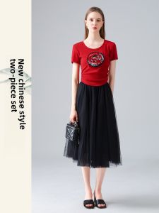 New Chinese Style Short Sleeve T-Shirt Womens Fashionable Slim Fit Red Top Summer Embroidery Stylish Casual Cotton Blend