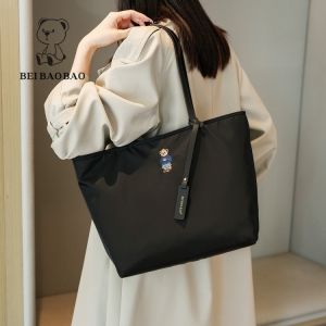 Large Capacity Embroidered Bear Tote Bag Nylon Canvas Handbag Commuter Shopping Bag British Style Soft Handle Summer 2025