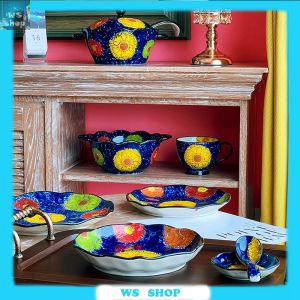 ใหม่เซรามิคที่จับถ้วยซุปชามสลัดชามก๋วยเตี๋ยว Binaural ซุปเครื่องใช้บนโต๊ะอาหารเซรามิคโบฮีเมียในครัวเรือนอบกระทะชามใน-เคลือบบนโต๊ะอาหาร