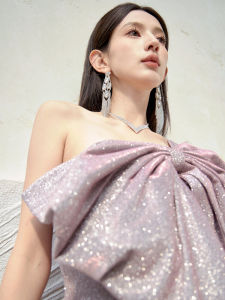 Dollytang Elegant Purple Star Quilted Dress for Adults Long Sleeveless Party Dress with Sequins for Company Meetings and Performances