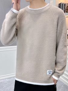 ROMON | Lormen Mens Thickened Winter Knitted Sweater Round Neck Mink Velvet Fake Two-Piece Warm Base Shirt Fashion Urban Casual Loose Fit