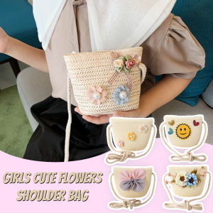 Cute Childrens Straw Shoulder Bags Flower Baby Girls Small Bucket Crossbody Mini Coin Purse Bag