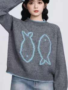 Gray Thickened round Neck Sweater Womens Loose Knitted Top Spring Autumn New Style Soft And Cozy Overhead Korean Style Long Sleeve